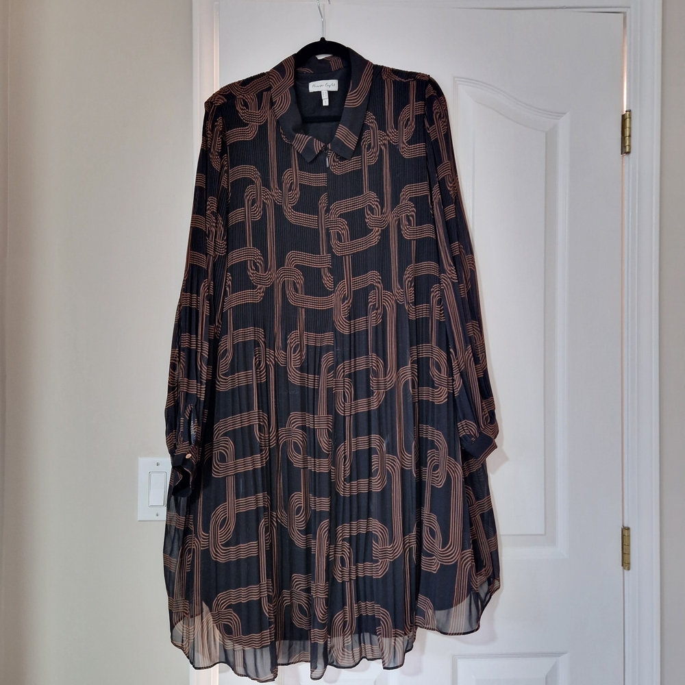Pleated Long Sleeve Black & Brown Geometric Dress - Diane Gilman
